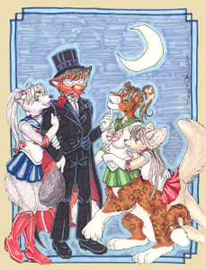 Trina, Forest, Leanna, and Kris as the Sailor Scouts and Tuxedo Mask.